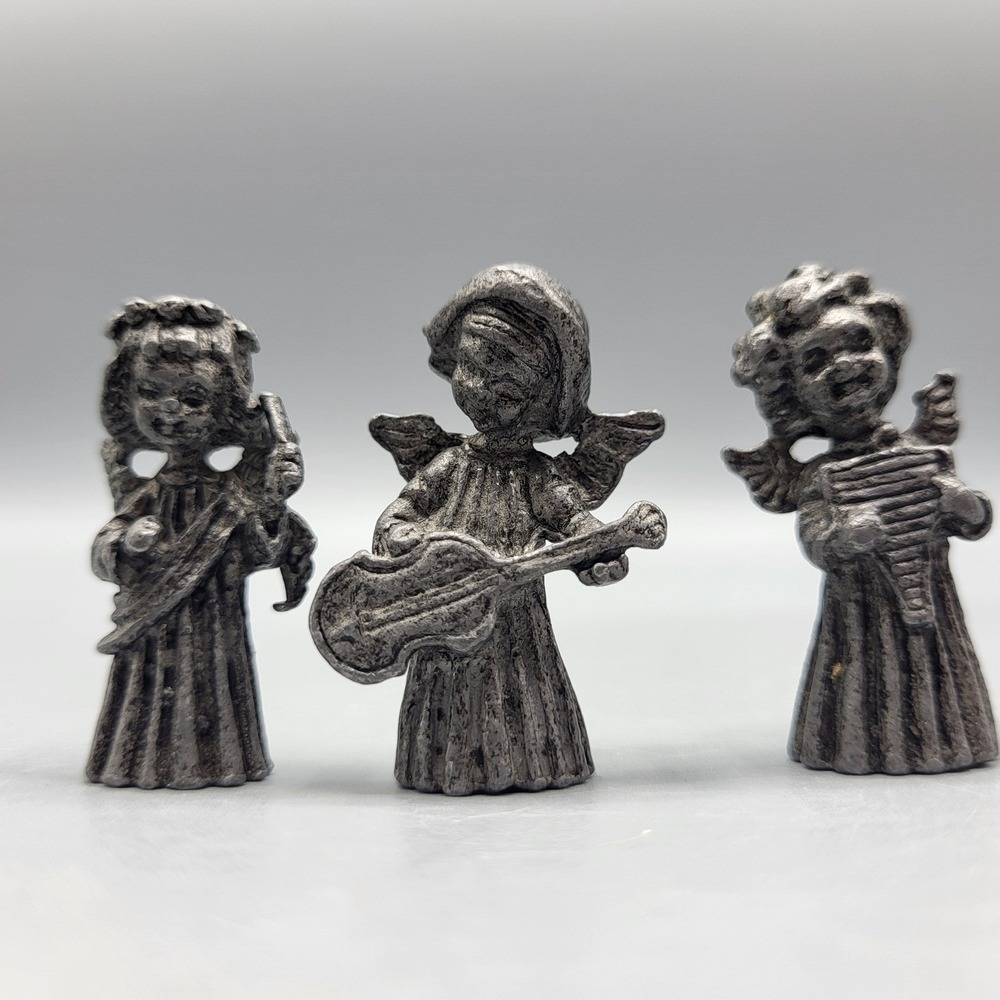 Vernon Pewter Angel Figurines Set of 3 Musical Instruments Silver tone 1.5 in